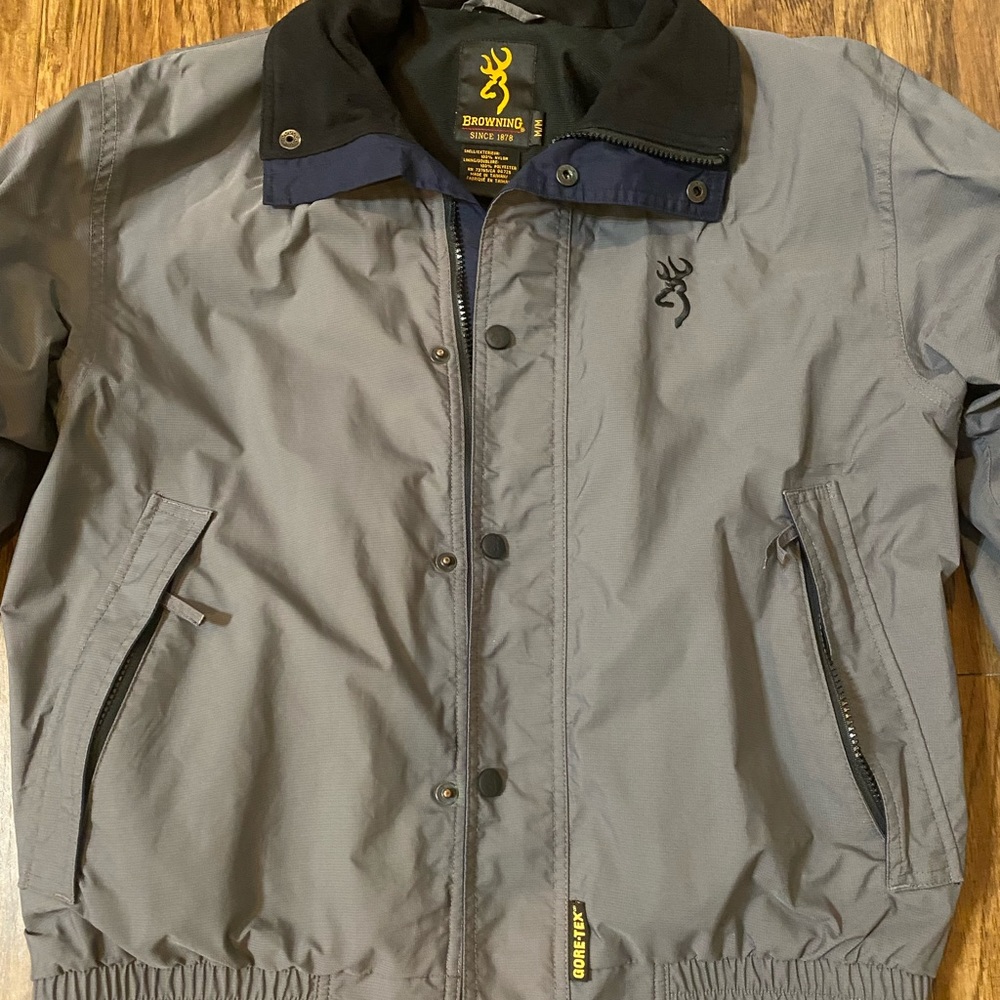 Browning, med. zipper, snap button, gray, blue outer shell, black interior.